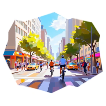 A Peloton bike screen shows a vibrant scene from a bustling city street. The screen displays tall buildings with colorful storefronts and a clear blue sky above. Pedestrians walk along the sidewalk, engaged in various activities, while cyclists navigate through the traffic. Trees line the street, adding splashes of green to the urban landscape. The atmosphere is lively, with cars and taxis in motion and street vendors selling their goods. The entire setting captures the energy and dynamic nature of city life.