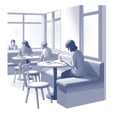 A cozy café interior filled with wooden tables and soft seating. One corner table is occupied by an artist sketching intently, sitting on a simple wooden chair. The artist has a sketchbook open in front of them, with various art supplies scattered around, including pencils, erasers, and a small palette. Natural light streams in through a window nearby, illuminating the artist's focused expression. Other patrons can be seen enjoying their drinks in the background, adding a lively atmosphere to the scene.