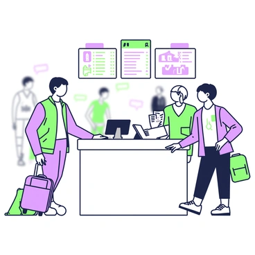 A traveler is standing at an airport service desk, engaging in conversation with a staff member. The traveler has short hair and is wearing a casual jacket over a t-shirt, with a backpack resting at their feet. They are gesturing with their right hand toward an empty luggage carousel that is visible in the background. The service desk is equipped with a computer and various informational flyers. Behind the desk, a digital display board shows flight information. Travelers can be seen in the blurred background, moving through the terminal.