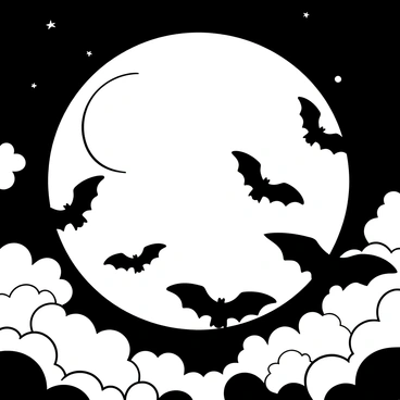 A colony of bats in flight around a large, luminous full moon. The bats are depicted with various wing shapes and sizes, creating a dynamic formation in the sky. The moon is bright and prominently positioned, casting a soft glow across the scene. The background is filled with intricately detailed clouds, enhancing the atmosphere of the night sky. The overall composition showcases the movement of the bats as they gracefully navigate around the moon.