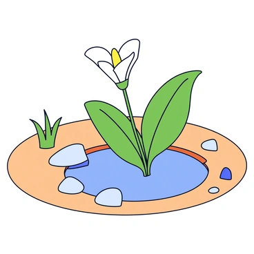 A peace lily with glossy green leaves and white flowers is growing in the center of a small desert oasis. The oasis features a clear blue pool of water surrounded by a sandy landscape. Sparse patches of green foliage and small rocks are scattered around the oasis, contrasting with the arid environment. Bright sunlight illuminates the scene, casting gentle shadows from the lily onto the sand.