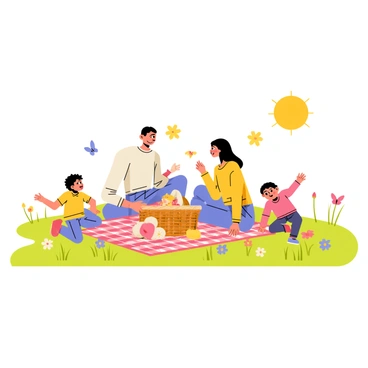 A family of four is having a picnic on a green, flat meadow. The parents are sitting on a red and white checkered blanket, with a wicker basket filled with food. Two children, a boy and a girl, are playing nearby, surrounded by colorful flowers in shades of yellow, pink, and purple. Butterflies in various colors flutter around, adding to the lively atmosphere. The sun is shining brightly in the sky, casting soft shadows on the ground.