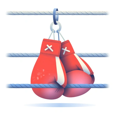 A pair of well-worn boxing gloves is hanging from a metal hook on the corner of a boxing ring. The gloves are predominantly red with faded white accents, showing signs of wear and scuff marks from numerous fights. The laces are untied, and a bit of fraying is visible near the wrist areas. The ropes of the boxing ring are tightly wrapped, with a blue and white pattern, and the mat underneath is slightly scuffed, indicating heavy use in training and matches. Soft light falls on the gloves, casting gentle shadows that enhance their texture and character.