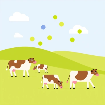 A wide, green pasture with soft, rolling hills under a bright blue sky. Several cartoonish brown and white cows are grazing on the lush grass, their eyes wide and friendly. Above the cows, colorful, cartoonish methane bubbles are floating upwards, varying in size and shades of green and blue. The scene captures a cheerful, light-hearted atmosphere, with a few fluffy white clouds drifting lazily in the sky.