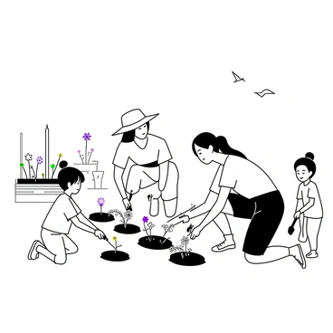 A family consisting of two adults and two children is working together at a community garden. The adults are kneeling in the soil, planting colorful flowers and leafy vegetables in neatly organized rows. The woman has her hair tied back, wearing a wide-brimmed hat and gardening gloves, while the man is wearing a t-shirt and shorts. The children, a boy and a girl, are excitedly digging small holes for the plants with their trowels. In the background, there are wooden garden beds filled with various plants, and a few gardening tools scattered around. A sunny day is depicted with birds flying in the sky above.