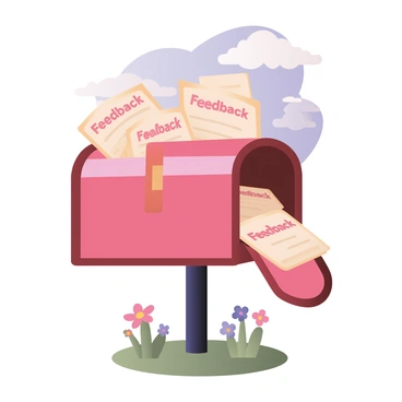 A digital flat illustration featuring an overflowing mailbox positioned centrally. The mailbox is red with a shiny surface, and its door is ajar, revealing numerous letters spilling out. Each letter is marked with a bold label reading "Feedback" in bright white text. In the background, there are green grass patches and a few colorful flowers scattered around. A blue sky with fluffy white clouds is visible above the mailbox, completing the scene.