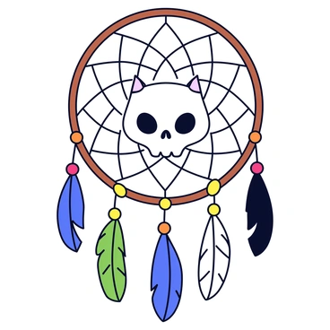 A cat skull is centrally integrated into a circular dreamcatcher frame. The dreamcatcher features a net pattern woven with thin brown string. Surrounding the cat skull are various feathers in shades of blue, green, and white, gently hanging downwards. Additionally, colorful beads of red, yellow, and orange are spaced along the dreamcatcher's web. The entire composition is set against a plain background.