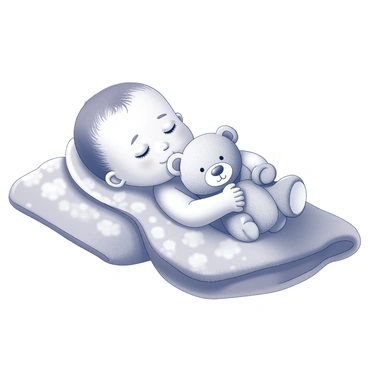 A baby is lying comfortably on a soft surface, wrapped snugly in a cozy blanket. The baby has a peaceful expression on their face, with their eyes softly closed. In their arms, they hold a soft teddy bear, which has a cheerful expression and is plush in texture. The blanket is fluffy, providing warmth and comfort, and it gently envelops the baby and the teddy bear. The scene captures a tender moment of tranquility and safety.