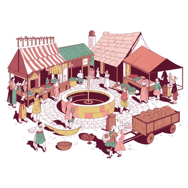 A quaint medieval village square bustling with activity. In the center, there is a large stone well surrounded by cobblestone paths. Merchants are setting up colorful awnings over their stalls, showcasing fresh produce, handmade crafts, and textiles. Villagers in period clothing are interacting with the merchants, some exchanging coins while others carry baskets filled with goods. On one side, a group of children is playing near a fountain adorned with carved stone figures. Nearby, a baker is pulling fresh loaves of bread from a large wooden cart. The atmosphere is lively, filled with the sounds of chatter and laughter.