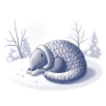 A pangolin is curled up with its body covered in smooth, overlapping scales. It is wearing a tiny scarf wrapped around its neck, which appears cozy against the cool air. The pangolin is playfully digging into a fresh blanket of snow, with some flakes flying up as it moves. The ground is blanketed in soft, white snow, creating a pristine and chilly environment. In the background, there are snow-covered trees with branches weighed down by the snow, enhancing the winter atmosphere.