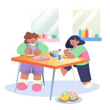 A kitchen scene with children decorating cookies with icing and sprinkles