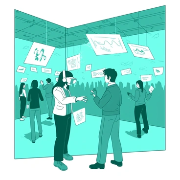 A teal virtual reality gallery filled with various digital artworks displayed on floating white screens. In the foreground, two digital artists, one wearing a white headset and the other in a teal headset, are engaged in conversation while holding oversized holographic versions of their NFT artworks. Around them, other visitors are exploring the gallery, interacting with the displays and viewing different pieces of art. The atmosphere is lively, with dynamic lighting illuminating the digital creations hanging in the air.