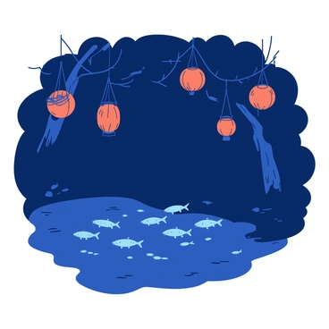 A dark blue pond is softly illuminated by several orange glowing lanterns that are hanging from surrounding trees. The lanterns cast a warm light over the surface of the water. In the pond, a school of small silver minnows swims gracefully, their movements creating ripples in the reflective water. The glow from the lanterns highlights the shimmering scales of the minnows as they weave through the water, creating a lively contrast against the tranquil nighttime environment.
