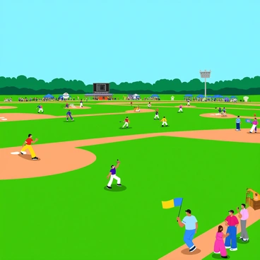 A vibrant summer baseball tournament takes place across several grassy fields under a clear blue sky. Each field is filled with enthusiastic players wearing colorful uniforms, running bases, and swinging bats. Spectators line the sidelines, cheering and waving flags. In the background, tents offer refreshments, and small groups gather to discuss the games. A scoreboard in the distance displays the scores, adding to the excitement of the atmosphere. Children play catch nearby, while a concession stand is busy serving snacks and drinks.