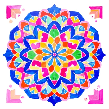 A mandala features intricate patterns and designs that resemble the view through a kaleidoscope. The mandala is composed of vibrant colors like red, blue, green, yellow, and orange, creating a visually stimulating effect. Each section of the mandala is fragmented into geometric shapes and swirling lines, adding depth and complexity to the overall design. The patterns radiate symmetrically from the center, drawing the eye towards the middle while showcasing the rich variety of colors and shapes throughout the piece.