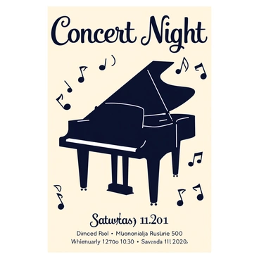 A vintage-style concert poster with a prominent grand piano in the center. The piano is black with elegant curves, showcasing its polished surface. Surrounding the piano are flowing musical notes in various sizes and positions, creating a sense of movement. The background is a soft cream color, enhancing the vintage feel. At the top of the poster, the text "Concert Night" is displayed in ornate lettering. The bottom of the poster features additional details, including the date and venue, in a classic font.