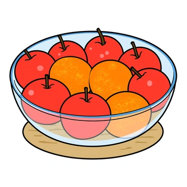 A round bowl made of clear glass filled with an assortment of fruit. There are eight bright red apples, their skin shiny and reflecting light, evenly spaced within the bowl. Nestled among them are six vibrant oranges, their textured skin dimpled and rich in color. The bowl sits on a light wooden table, and the arrangement of fruit emphasizes the fraction "8/6," with the apples and oranges distinctly separated but visually balanced within the bowl.