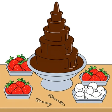 A large, shiny chocolate fountain cascading rich, dark chocolate from multiple tiers. Surrounding the fountain are several trays filled with fresh, ripe strawberries, their red color vibrant against the dark chocolate. There are also trays of fluffy white marshmallows, some round and some shaped like cubes, positioned neatly around the fountain. The scene is set on a wooden table, with a few skewers placed beside the trays, ready to be used for dipping. The chocolate in the fountain appears glossy and inviting, creating a delightful atmosphere.