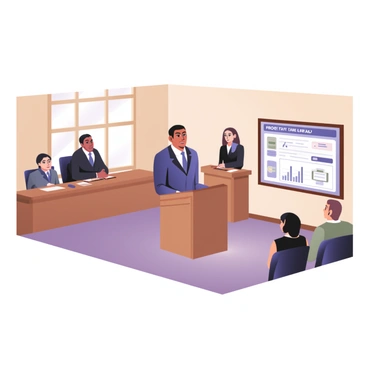 A digital flat illustration depicts a small courtroom setting. In the foreground, a lawyer is standing at a wooden podium, confidently presenting a case. The lawyer has medium skin and short black hair, dressed in a tailored navy suit. Behind the lawyer, there is a large window letting in natural light. In the audience, a few people are seated, listening attentively. To the left, there is a judge sitting behind a wooden bench, wearing a black robe and looking at the lawyer. On the right, there is a large chart displayed, labeled with "Property Tax Appeal" in bold letters, showcasing relevant data and graphs. The walls of the courtroom are painted in a soft beige color with wooden accents.