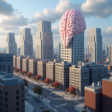 A bustling city where brains are depicted as buildings, representing lost knowledge