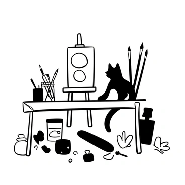 A "cat" sitting on a wooden table in front of an easel. The easel is displaying an unfinished canvas with a visible sketch on it. Surrounding the cat are various art supplies, including paintbrushes of different sizes, jars of black and white paint, and crumpled sketches scattered across the table. There are also a few pencils and charcoal sticks lying next to the cat, enhancing the artistic atmosphere.