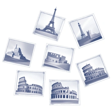 A collection of illustrated postcards featuring various famous landmarks. Each postcard showcases a different landmark, such as the "Eiffel Tower," the "Great Wall of China," the "Statue of Liberty," and the "Colosseum." The landmarks are presented with intricate details, capturing their unique architectural features. Each postcard is framed with decorative borders that enhance the visual appeal. The setting includes a subtle background that gives context to the landmarks, providing a sense of place.