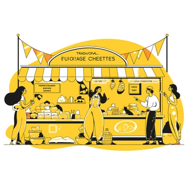 A bustling outdoor festival scene in Grenoble, featuring a variety of food stalls. Each stall displays an array of dishes typical of local cuisine. One stall has a large sign that reads "Traditional Savoyard Cheese," with cheeses arranged attractively on wooden boards. Another stall showcases "Freshly Baked Baguettes," with loaves stacked high, while a vendor slices a baguette for a customer. An artisan pastry stall offers "Delicious Tarts," with colorful fruits arranged on top of glossy pastry. Nearby, a stall labeled "Local Charcuterie" displays cured meats hanging from hooks. A diverse group of visitors samples food, smiling and chatting as they enjoy the vibrant atmosphere. Colorful flags and decorations adorn the stalls, creating a festive vibe.