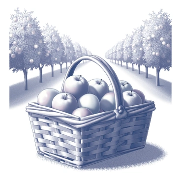 A wicker basket positioned on the ground, filled to the brim with ripe apples. Each apple is plump and round, showcasing their shiny skin. The basket is woven with intricate patterns. Surrounding the basket is an orchard with rows of apple trees, their branches heavy with fruit. Sunlight filters through the leaves, casting soft shadows on the ground below. The grass beneath the basket is lush and well-maintained, adding to the scene's natural appeal.