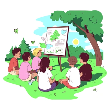 A group of children is seated on green grass in a makeshift classroom setting. They are engaged in learning about the environment, surrounded by nature. Some students are sitting cross-legged, while others are leaning on their elbows, showing interest in their surroundings. In front of them, a large flip chart is propped up, displaying colorful drawings and diagrams related to ecology. Sunlight filters through the leaves of nearby trees, casting dappled shadows on the ground. A few butterflies flutter around, adding to the lively atmosphere of outdoor learning.