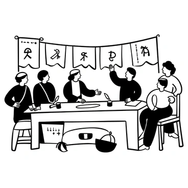 A group of actors dressed in traditional costumes stands around a large, wooden table, where an official document is displayed. There are quills and inkwells scattered across the table. One actor is gesturing towards the document, while others are watching attentively. Several banners with intricate designs hang in the background. The setting includes wooden furniture and props that reflect the historical period. The atmosphere suggests a moment of significant importance, capturing the essence of the confederation treaty signing.