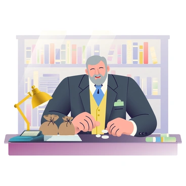 A vintage banker with a gray beard is sitting at a large, polished wooden desk. He is dressed in a classic three-piece suit, complete with a waistcoat and a pocket watch chain visible. His hands are busy counting several brown burlap money bags, each filled with coins and tied with string. The desk has an ornate brass lamp casting a warm glow. Beside him, there is a vintage calculator and a stack of neatly arranged papers. The background features a wooden bookshelf filled with old leather-bound books.