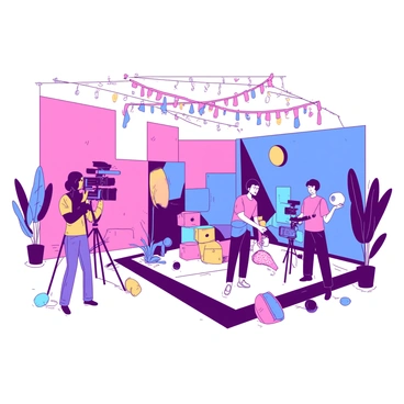 A vibrant set designed for a BTS music video shoot featuring a dynamic arrangement of colorful props. The background consists of large pink and blue geometric shapes, with colorful streamers hanging from the ceiling. In the foreground, a camera crew is capturing the scene, with two crew members operating a camera on a tripod and another adjusting the lighting equipment. The set is filled with lively decorations and various instruments scattered around, creating an energetic atmosphere.