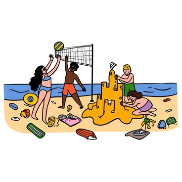 A bright, sunny beach scene filled with activity. In the foreground, several teenagers are playing beach volleyball, with a light-skinned girl with long dark hair in a blue bikini serving the ball to a dark-skinned boy with short curly hair and sunglasses. They are surrounded by colorful towels and beach accessories scattered on the sand. In the background, two other teenagers are building an elaborate sandcastle, focused on their creation. One of them, a light-skinned boy with short blond hair, is sculpting the towers while a girl with curly hair is decorating the castle with seashells. The sky is clear blue, and waves are gently lapping at the shore.