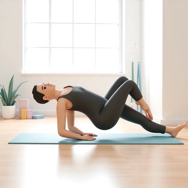 A yoga instructor, wearing a fitted black tank top and dark leggings, demonstrates heel slides on a yoga mat. The instructor is positioned on their back, with knees bent, sliding one heel out along the mat while keeping the other foot planted. Natural light streams in through large windows, illuminating the studio with wooden floors and minimalist décor. Nearby, a potted plant adds a touch of greenery, and yoga props like blocks and straps are neatly arranged in the background. The instructor's focus and calm expression emphasize the flow of the session.