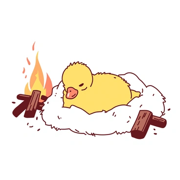 A small yellow duckling is nestled comfortably in a soft white nest made from fluffy materials. The nest is situated next to a warm fire, which casts a gentle orange glow around the scene. The fire crackles softly, and small embers float upward. Surrounding the nest, there are a few pieces of wood stacked neatly, and the warm light enhances the cozy atmosphere of the setting. The duckling's eyes are closed, giving the impression of peaceful rest in its safe haven.