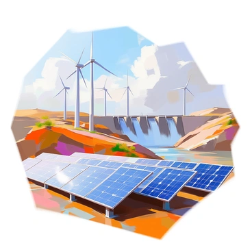 An illustration depicting a landscape where several wind turbines are positioned on rolling hills, their blades rotating in the breeze. In the foreground, numerous solar panels are arranged in neat rows, glinting under the sun. In the background, a sturdy dam stands tall, with water flowing majestically over its edge. The scene conveys a harmonious blend of renewable energy sources working together in a natural setting.