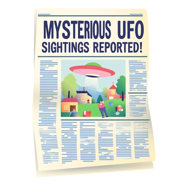 A vintage-style newspaper front page is displayed prominently. The top of the page features a bold headline in large, serif font that reads, “Mysterious UFO Sightings Reported!” Below the headline, there is an illustrated depiction of a classic flying saucer hovering above a small town. In the background, there are trees and vintage-style houses, while a few shocked townsfolk gaze up at the sky. The newspaper has an aged texture, with yellowed edges and subtle creases, enhancing its vintage appearance. Various articles and smaller headlines surround the main illustration, providing additional context about the sightings.