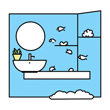 A bathroom with light blue walls, creating a calming atmosphere. The decor includes various fish illustrations, some swimming against the walls. There are seashells artfully arranged on shelves and around the mirror. A small, decorative potted plant sits on the edge of the sink, adding a touch of natural greenery. A soft, fluffy bath mat complements the color scheme. The light fixtures are simple and bright, providing ample illumination.