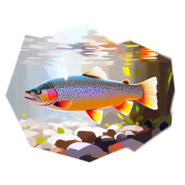 A brown trout with a sleek, spotted body is swimming just beneath a clear, reflective water surface. The sunlight filters through the water, creating shimmering patterns on the fish's scales. Ripples gently distort the reflection of the surrounding aquatic plants and the sky above. The underwater scene is filled with hints of green from submerged vegetation, and small pebbles can be seen on the bottom, adding texture to the environment.