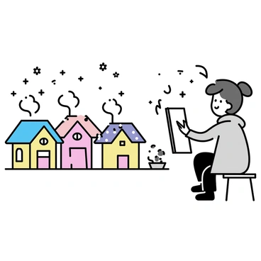 An artist is sitting at an easel, sketching a winter village scene. The village features several small houses with smoke rising from their chimneys. Each house is adorned with "twinkling lights" that illuminate the surroundings. Snowflakes are falling gently from the sky, accumulating on the rooftops and ground. The artist, dressed in a warm coat, has a focused expression as they capture the details of the charming landscape.