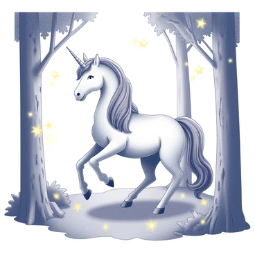 A unicorn is standing on all fours in a forest setting. The unicorn has a gleaming horn and a flowing mane that cascades down its neck. Surrounding the unicorn are tall trees with intricate bark textures and dense foliage. Small lights, resembling sparkling stars, are scattered throughout the scene, illuminating the area around the unicorn and creating a mystical atmosphere. The ground is covered in soft, lush undergrowth, adding to the enchanting environment.