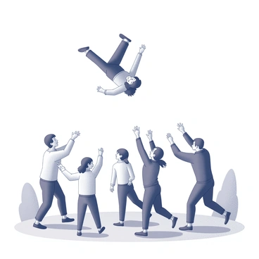 A person is falling backward, arms extended, with a look of surprise on their face. Below them, a group of several individuals stands prepared to catch them. Each person in the group has their arms raised and legs slightly bent, indicating readiness and determination. The scene captures the moment just before impact, with expressions of concern and focus on the faces of the bystanders. The background features an outdoor setting, with a simple grassy area and some nearby trees that add to the context of this catching moment.