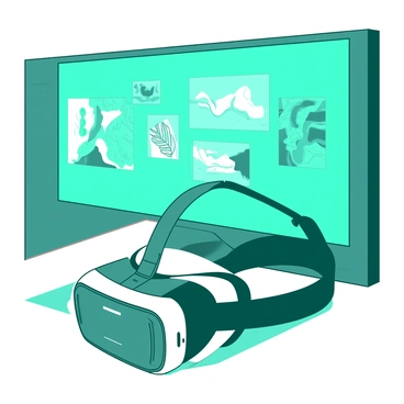 A white virtual reality headset is positioned on a wooden table. In the background, there is a large, glowing teal screen displaying a vibrant digital art exhibition. Various pieces of abstract artwork in shades of teal and white are visible on the screen, showcasing a range of styles and forms. The headset's lenses reflect hints of the colorful art displayed, while a soft light shines down, highlighting the sleek design of the headset.