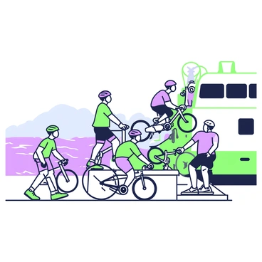A group of cyclists is boarding a ferry with their bicycles. There are three cyclists, each with a different style of bike. One cyclist has a road bike with thin tires, another has a mountain bike with wide tires, and the third has a hybrid bike. The ferry is large, with an open deck where bicycles can be placed. The cyclists are wearing helmets and brightly colored cycling attire. In the background, the bay is visible with gentle waves, and a distant shoreline can be seen. The ferry's crew members are assisting the cyclists as they walk up the ramp with their bikes.