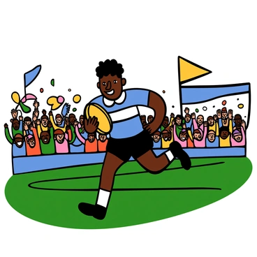 A rugby player with dark skin and short curly hair is sprinting onto the field, wearing a blue jersey with white stripes, and black shorts. He has a focused expression on his face as he runs. In the background, there is a packed stadium filled with fans, waving colorful banners and clapping. The stands are vibrant with excitement, and some fans are wearing team colors, amplifying the atmosphere of the moment.