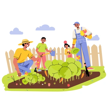 A group of diverse neighbors working together in a community garden. One neighbor, a woman wearing a straw hat, is planting colorful flowers in the soil. Another neighbor, a man holding a watering can, is watering a row of green vegetables. A child is happily digging with a small shovel beside them. The garden is filled with vibrant plants, including red and yellow flowers, lush green leaves, and bright orange carrots peeking out from the soil. A wooden fence surrounds the garden, and a blue sky with fluffy clouds is visible above.