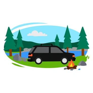 A car silhouette with a roof rack is parked at a campsite near a tranquil lake. The car is black and features distinct outlines of its wheels and windows, emphasizing its shape against the surroundings. In the background, trees with green foliage create a natural border around the campsite. The lake reflects the blue sky, and a few scattered rocks are positioned along the shoreline. A small campfire with a few logs sits nearby, adding to the camping atmosphere.