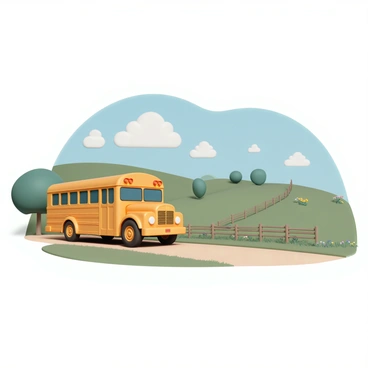 An old-fashioned wooden school bus, with a bright yellow exterior and polished wooden accents, is parked alongside a dirt road. The bus features large round windows and a classic front grille. Surrounding the bus is a picturesque countryside landscape, with rolling green hills and patches of wildflowers in vibrant colors. A clear blue sky stretches above, dotted with fluffy white clouds. Nearby, a few trees provide shade, and a rustic fence runs along the edge of a field, completing the serene rural scene.
