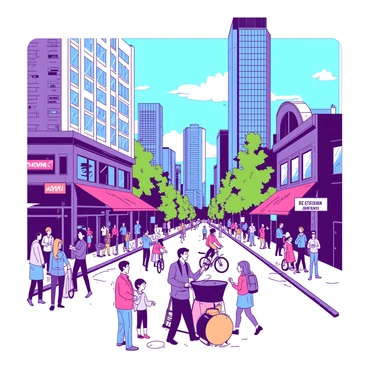 A vibrant street scene in downtown Vancouver bustling with activity. Prominent skyscrapers tower in the background, reflecting sunlight off their glass facades. The street is filled with diverse groups of people walking, some stopping to chat while others are engaged in conversations. A couple of cyclists ride past, weaving through pedestrians. Colorful storefronts line the street, with displays of goods visible through large windows. In the foreground, a street performer plays music, and a small crowd gathers around to watch.