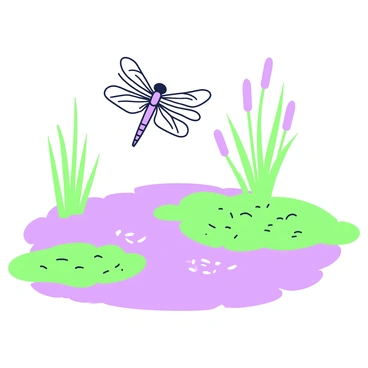 A dragonfly is flitting gracefully above the calm surface of a bog. Its delicate wings are shimmering as they catch the light of the sun. Below, the bog is dotted with patches of green and purple vegetation, with soft ripples reflecting the sunlight. In the background, there are clusters of reeds swaying gently. The overall atmosphere captures the tranquil moment of nature, with the dragonfly in mid-flight.